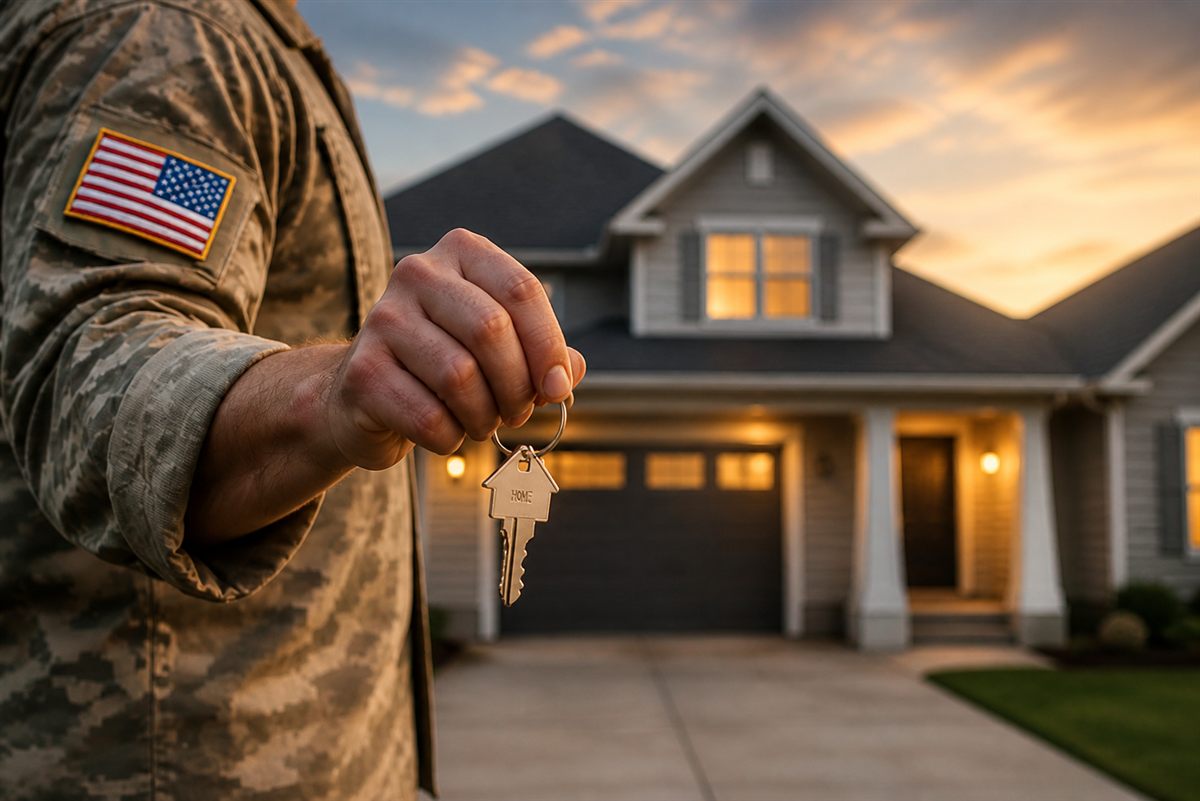 Military service member holding house keys in front of a home